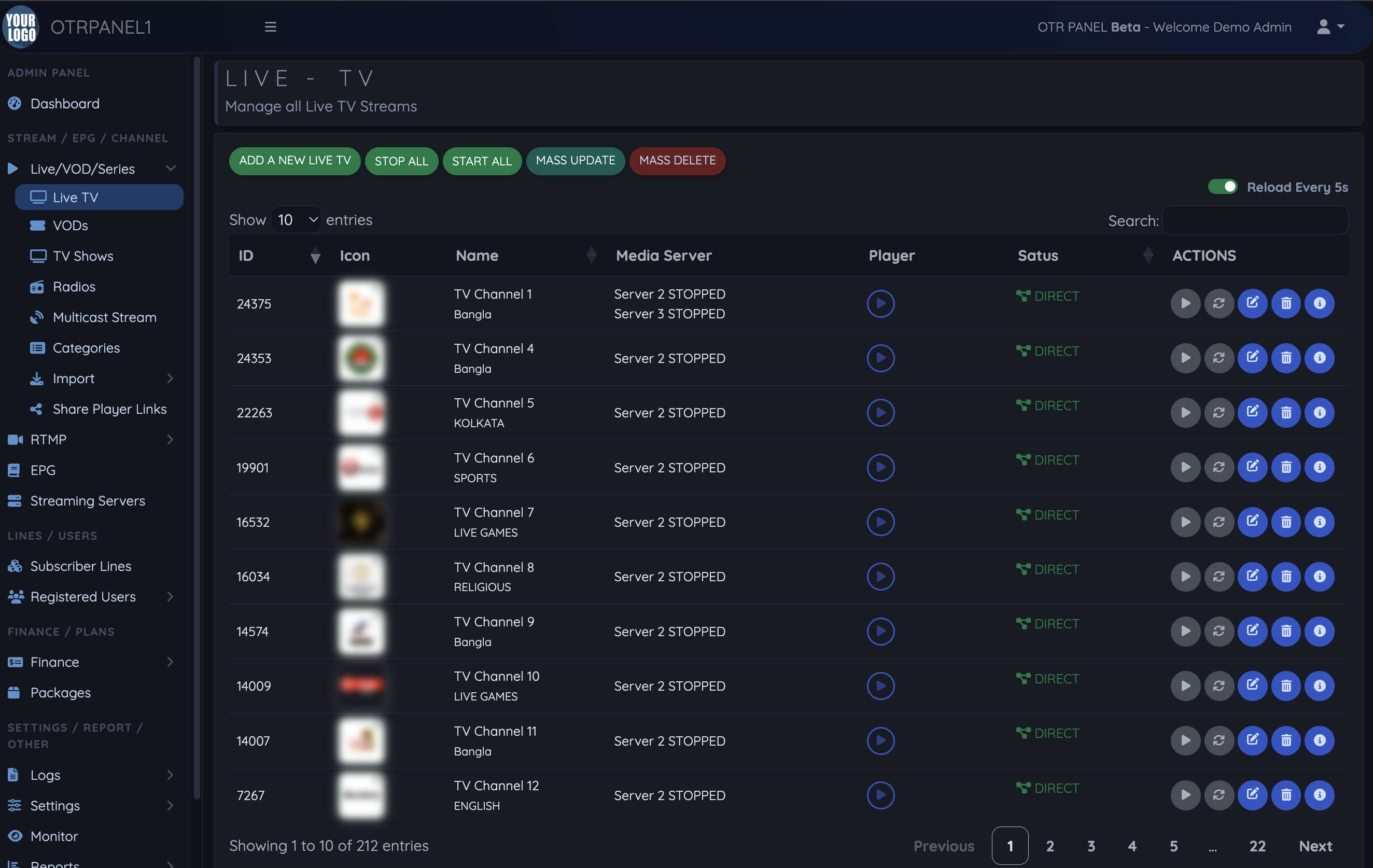 OTR Panel Live TV screen listing channels, media servers and stream status