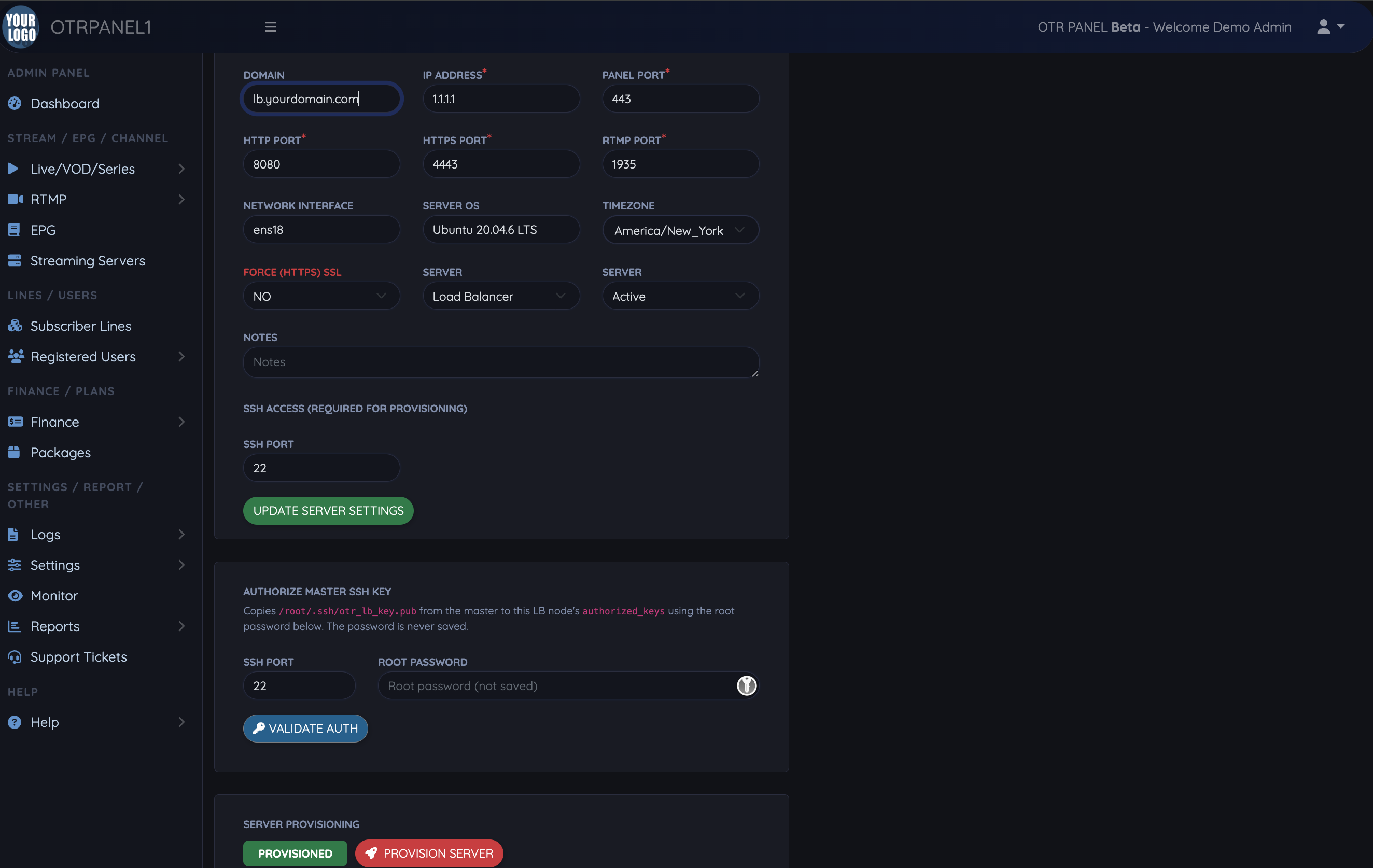 OTR Panel server settings with ports, SSH access and provisioning controls